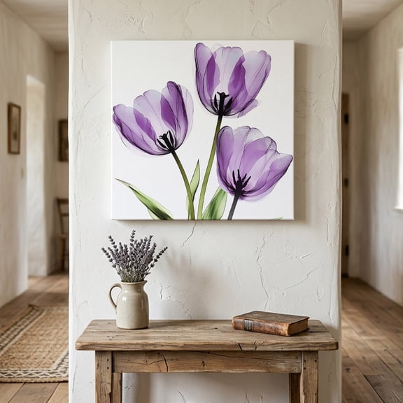 Ships Next Day Canvas Wall Art 8"x8", Purple Tulips Wood Framed Canvas Print Painting, Spring Floral Botanical Plant Abstract Ready to Hang Small Picture Wall Decor for Home Bathroom Nursery Kitchen