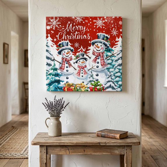 Ships Next Day Canvas Wall Art 8"x8",Red Christmas Wood Framed Canvas Print Painting,Winter Snowman Xmas Pine Tree Snowflakes Ready to Hang Small Picture Wall Decor for Home Bathroom Nursery Kitchen