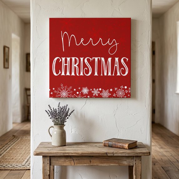Ships Next Day Canvas Wall Art 8"x8", Red Merry Christmas Wood Framed Canvas Print Painting, Xmas Winter Snowflake Red White Ready to Hang Small Picture Wall Decor for Home Bathroom Nursery Kitchen