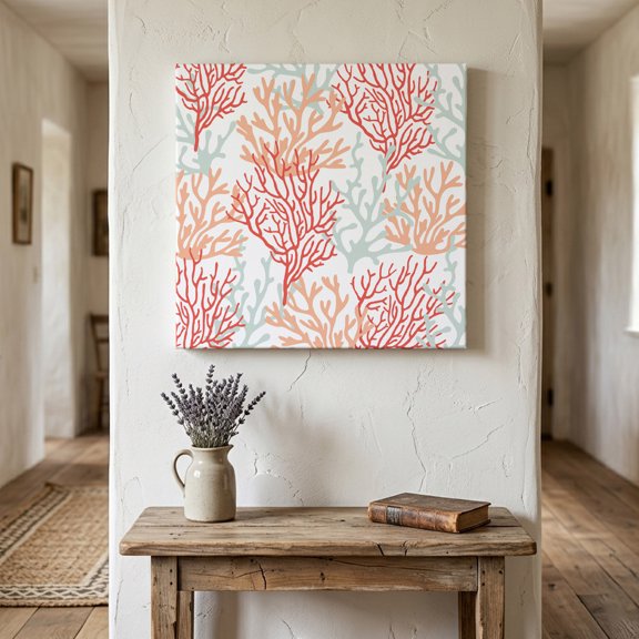 Ships Next Day Canvas Wall Art 8"x8",Red Orange Grey Coral Coastal Wood Framed Canvas Print Painting,Summer Beach Seaside Nautical Ready to Hang Small Picture Wall Decor for Bathroom Nursery Kitchen
