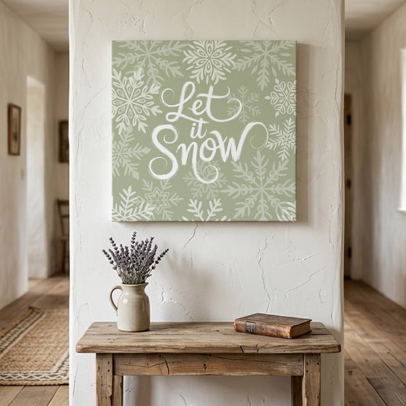Ships Next Day Canvas Wall Art 8"x8", Sage Green Christmas Wood Framed Canvas Print Painting, Vintage Winter Xmas Snowflakes Ready to Hang Small Picture Wall Decor for Home Bathroom Nursery Kitchen