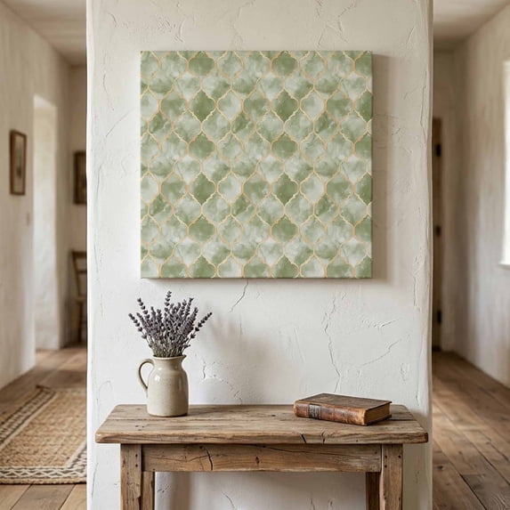 Ships Next Day Canvas Wall Art 8"x8", Sage Green Geometric Wood Framed Canvas Print Painting, Modern Morocco Abstract Art Ready to Hang Small Picture Wall Decor for Home Bathroom Nursery Kitchen