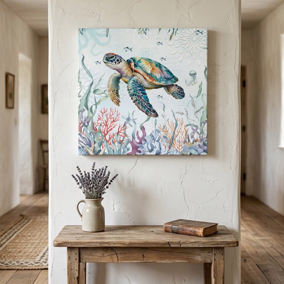 Ships Next Day Canvas Wall Art 8"x8", Sea Turtle Coastal Wood Framed Canvas Print Painting, Summer Beach Coral Ocean Seaweed Ready to Hang Small Picture Wall Decor for Home Bathroom Nursery Kitchen