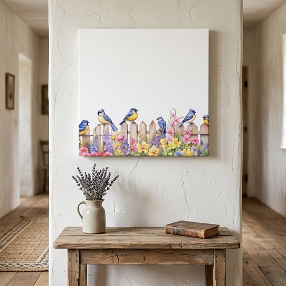 Ships Next Day Canvas Wall Art 8"x8", Spring Floral Wood Framed Canvas Print Painting, Summer Birds Botanical Fence Ready to Hang Small Picture Wall Decor for Home Bathroom Nursery Kitchen