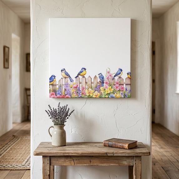 Ships Next Day Canvas Wall Art 8"x8", Spring Floral Wood Framed Canvas Print Painting, Summer Birds Botanical Fence Ready to Hang Small Picture Wall Decor for Home Bathroom Nursery Kitchen