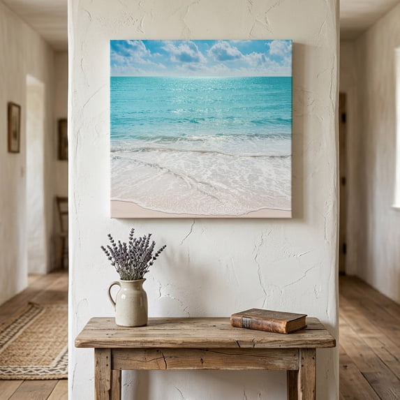 Ships Next Day Canvas Wall Art 8"x8", Summer Beach Wood Framed Canvas Print Painting, Blue Coastal Ocean Seaside Nautical Ready to Hang Small Picture Wall Decor for Home Bathroom Nursery Kitchen