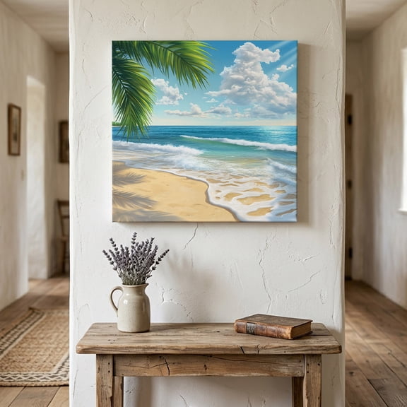 Ships Next Day Canvas Wall Art 8"x8", Summer Beach Wood Framed Canvas Print Painting, Coastal Ocean Tropical Palm Trees Ready to Hang Small Picture Wall Decor for Home Bathroom Nursery Kitchen