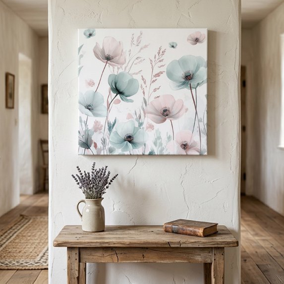 Ships Next Day Canvas Wall Art 8"x8", Teal Pink Spring Floral Wood Framed Canvas Print Painting, Summer Botanical Watercolor Ready to Hang Small Picture Wall Decor for Home Bathroom Nursery Kitchen