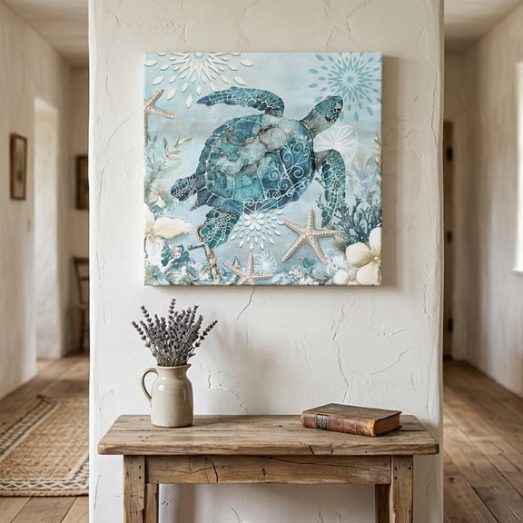 Ships Next Day Canvas Wall Art 8"x8", Teal Turtle Coastal Wood Framed Canvas Print Painting, Summer Beach Nautical Starfish Ready to Hang Small Picture Wall Decor for Home Bathroom Nursery Kitchen