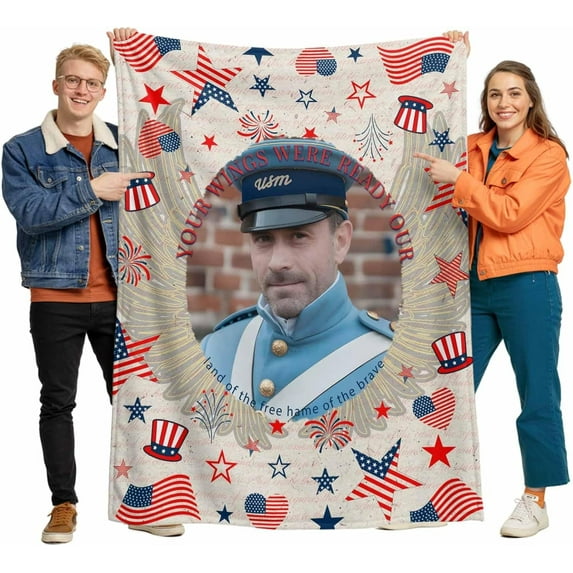 Ships Next Day, Custom Patriotic Blanket with Photo, Personalized Pciture Blankets American Flag Throw Blanket for Sofa Couch Bed, 4th of July Citizenship Veteran Presidents' Day Gift