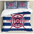 thumbnail image 1 of Ships Wheel Duvet Cover Set, Illustration of Ship Steering Wheel on a Stripped Background Artwok, Decorative 3 Piece Bedding Set with 2 Pillow Shams, King Size, Navy Blue Red, by Ambesonne, 1 of 3