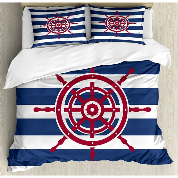 Ships Wheel Duvet Cover Set, Illustration of Ship Steering Wheel on a Stripped Background Artwok, Decorative 3 Piece Bedding Set with 2 Pillow Shams, King Size, Navy Blue Red, by Ambesonne