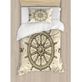 thumbnail image 1 of Ships Wheel Duvet Cover Set, Retro Ship Wheel Antique Sailboat Navigation Tool Monochromic Nostalgic Print, Decorative 2 Piece Bedding Set with 1 Pillow Shams, Twin Size, Beige Brown, by Ambesonne, 1 of 3