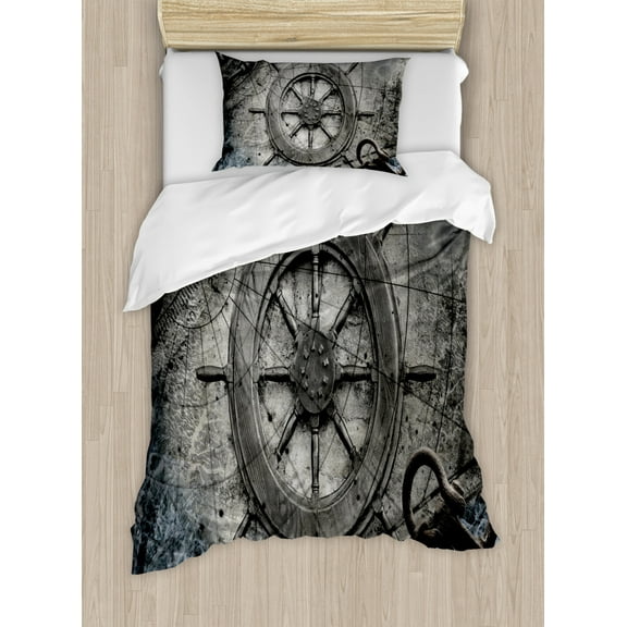 Ships Wheel Duvet Cover Set Twin Size, Retro Navigation Equipment Illustration with Steering Wheel Charts Anchor Chains, Decorative 2 Piece Bedding Set with 1 Pillow Sham, Charcoal, by Ambesonne