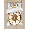 thumbnail image 1 of Ships Wheel Duvet Cover Set, Wooden Steering Wheel Image of Pirate Skull Seaman Lifestyle Ocean Inspired, Decorative 2 Piece Bedding Set with 1 Pillow Shams, Twin Size, Brown Black, by Ambesonne, 1 of 3