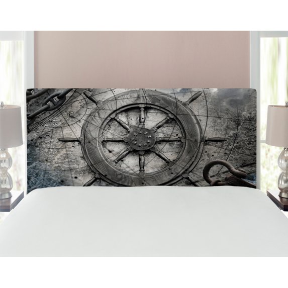 Ships Wheel Headboard, Retro Navigation Equipment Illustration Steering Helm Charts Anchor Chains, Upholstered Decorative Metal Bed Headboard with Memory Foam, Full Size, Charcoal, by Ambesonne