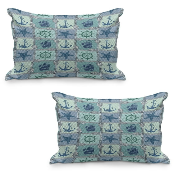 Ships Wheel Quilted Pillowcover Set of 2, Nautical Patchwork Pattern Starfish Sailing Ship Anchor and Helm, Standard Queen Size Pillow Cover for Bedroom, 36" x 20", Turquoise Navy, by Ambesonne