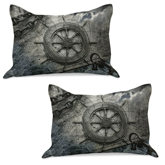 Ships Wheel Knitted Quilt Pillowcover Set of 2, Retro Navigation Equipment Illustration Steering Helm Charts Anchor Chains, Standard Queen Pillow Sham Bedroom, 30" x 20", Charcoal, by Ambesonne