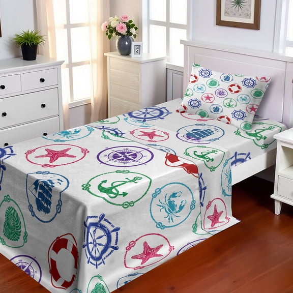 Ambesonne Nautical Fitted & Top Sheet Set with Sham, Wheel Compass Anchor, Green Red