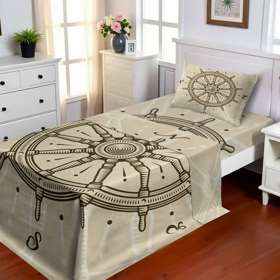 Ships Wheel Sheet Set, Retro Ship Wheel Antique Sailboat Navigation Tool Monochromic Nostalgic Print, Fitted and Flat Sheet Pillowcase Bedding Accent 3 Piece Set, Twin XL, Beige Brown, by Ambesonne