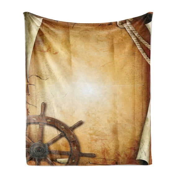 Ships Wheel Soft Flannel Fleece Blanket, Illustration of Steering Wheel on Old Antique Paper Historic Traveling Maritime Art, Cozy Plush for Indoor and Outdoor Use, 70" x 90", Brown, by Ambesonne