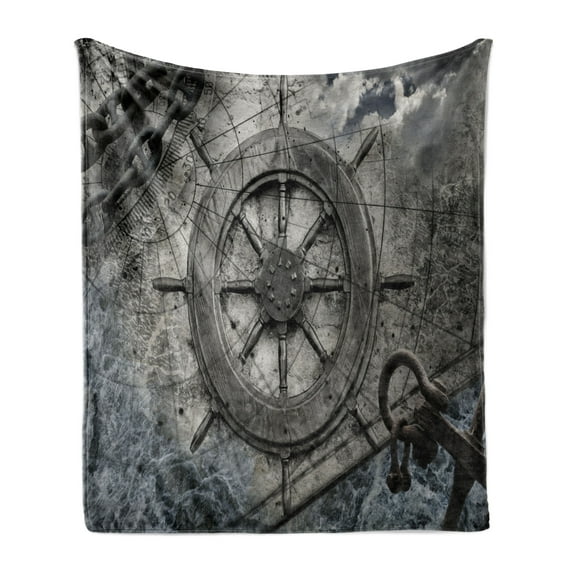 Ships Wheel Soft Flannel Fleece Throw Blanket, Retro Navigation Equipment Illustration Steering Helm Charts Anchor Chains, Cozy Plush for Indoor and Outdoor Use, 70" x 90", Charcoal, by Ambesonne