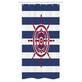 thumbnail image 1 of Ships Wheel Stall Shower Curtain, Illustration of Ship Steering Wheel Icon on a Stripped Background Artwok, Fabric Bathroom Set with Hooks, 36W X 72L Inches Long, Navy Blue Red, by Ambesonne, 1 of 1