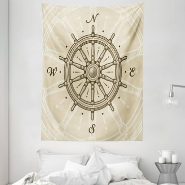 Ships Wheel Tapestry, Retro Ship Wheel Antique Sailboat Navigation Tool Monochromic Nostalgic Print, Wall Hanging for Bedroom Living Room Dorm Decor, 60W X 80L Inches, Beige Brown, by Ambesonne