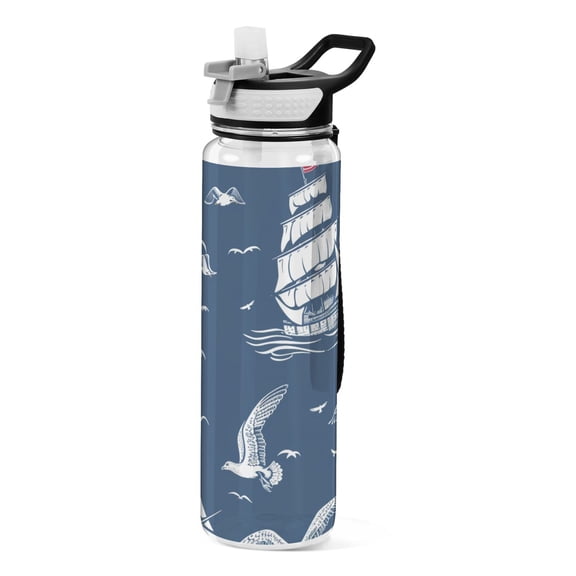 Ships and Birds Sports Water Bottle Portable Travel Mug 32oz BPA Free Leak Proof Straw Transparent Tritan for Gym Yoga Cycling Camping