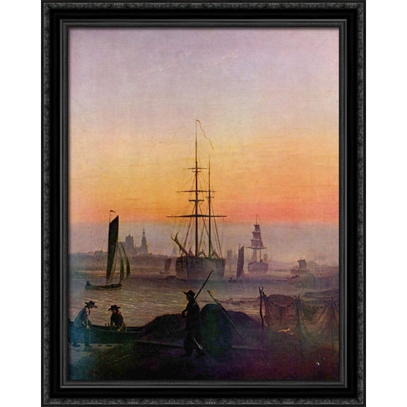 Ships at the port of Greifswald 28x34 Large Black Ornate Wood Framed Canvas Art by Caspar David Friedrich