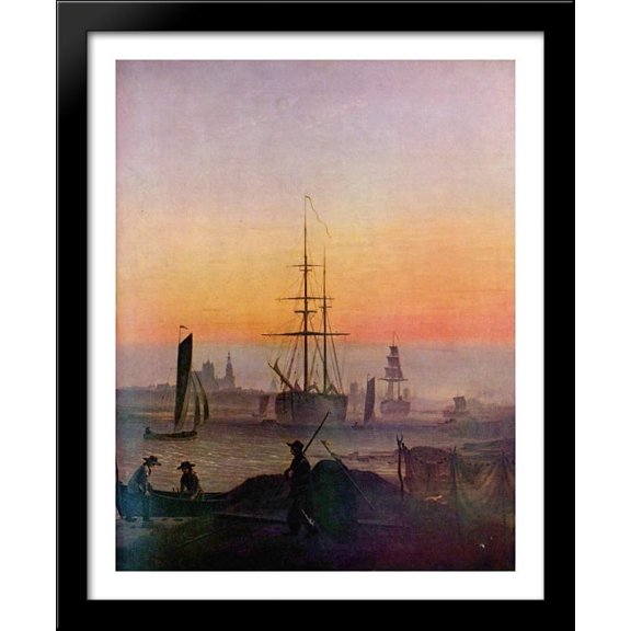 Ships at the port of Greifswald 28x34 Large Black Wood Framed Print Art by Caspar David Friedrich