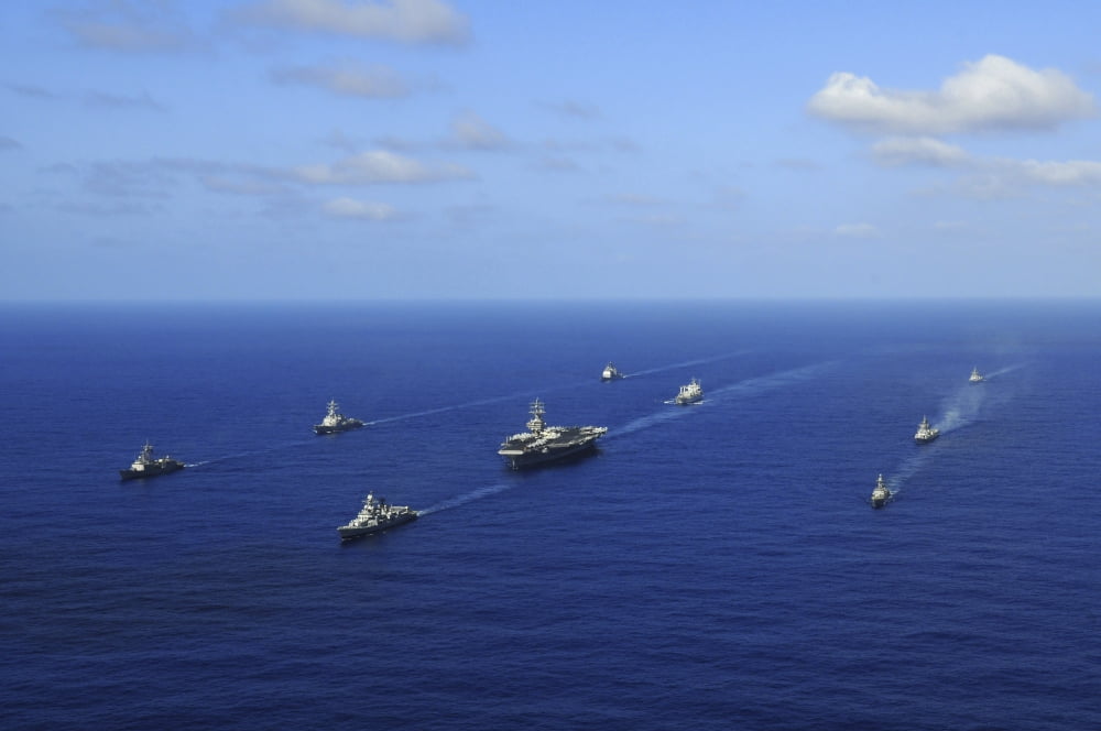 Ships from the Ronald Reagan Carrier Strike Group transit the Pacific Ocean Canvas Art - Stocktrek Images (34 x 23)