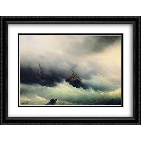 Ships in a Storm 2x Matted 36x28 Large Black Ornate Framed Art Print by Aivazovsky, Ivan