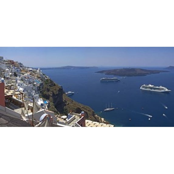 Ships in the sea viewed from a town, Santorini, Cyclades Islands, Greece Poster Print (12 x 6)