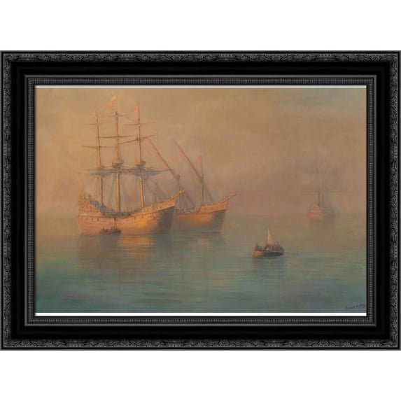 Ships of Columbus 24x20 Black Ornate Wood Framed Canvas Art by Aivazovsky, Ivan
