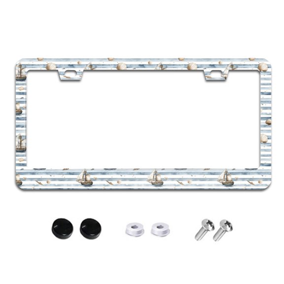 Ships on Striped Background License Plate Frames for Women Men Car Plate Holder Cover Metal Tag Aluminum Car Accessories Front Rear Plate Decor