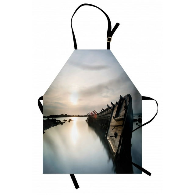Shipwreck Apron Big Sinking Rustic Boat Crash in the Lake Landscape with Horizon on Back, Unisex Kitchen Bib Apron with Adjustable Neck for Cooking Baking Gardening, Pale Blue Brown, by Ambesonne