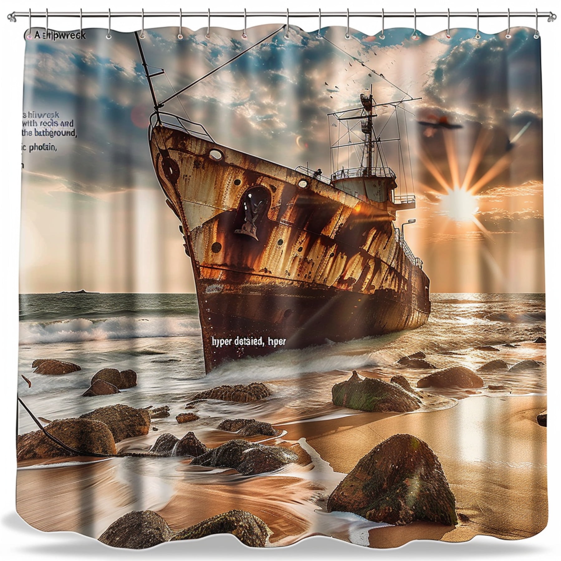 Shipwreck Beach Scene Shower Curtain Hyper Realistic Photo with Rocks ...