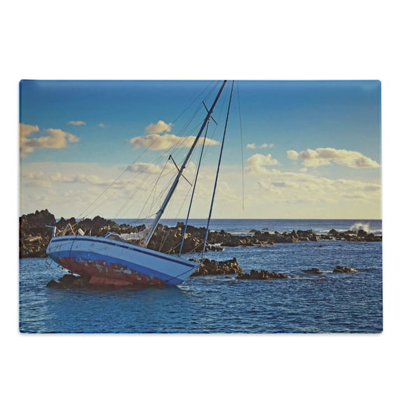 Shipwreck Cutting Board, Yacht in the Sea Surrounded by Ledge Rocks Coastal Incident Shroud Crash Scene, Decorative Tempered Glass Cutting and Serving Board, Large Size, Blue Brown, by Ambesonne