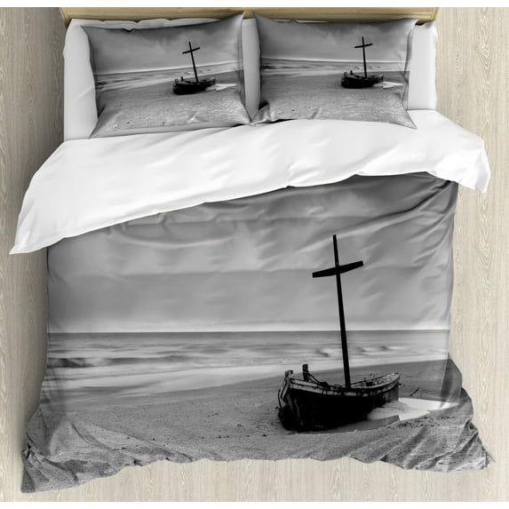 Shipwreck Duvet Cover Set King Size, Wreck Small Stranded Boat on Seaside Snow Clouds Windy Day Wave Picture, Decorative 3 Piece Bedding Set with 2 Pillow Shams, Black and White, by Ambesonne