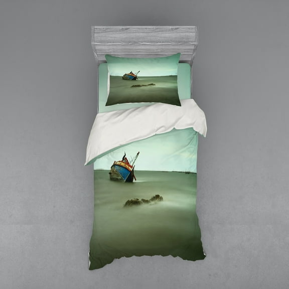 Shipwreck Duvet Cover Set, Old Photo of Decadent Derelict Fishing Boat Bow in Thailand Summer Day Sunrise, Bedding Set with Shams and Fitted Sheet, 3 Sizes, by Ambesonne