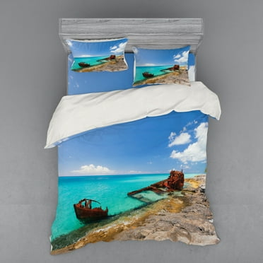 Shipwreck Duvet Cover Set, Ship Wreckage on a Peaceful Rock Shore Natural Wonder Under Idyllic Sky Image, Bedding Set with Shams and Fitted Sheet, 3 Sizes, by Ambesonne
