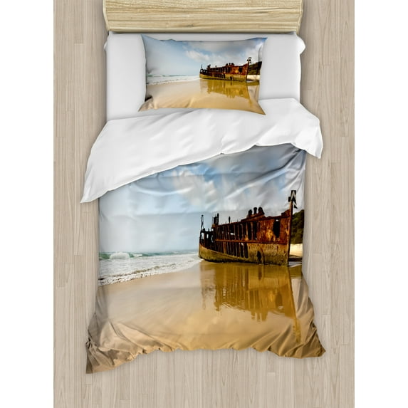 Shipwreck Duvet Cover Set Twin Size, Antique Rusty Pirate Ship Wreck on the Coast in Caribbean Island Pacific Sea View, Decorative 2 Piece Bedding Set with 1 Pillow Sham, Multicolor, by Ambesonne