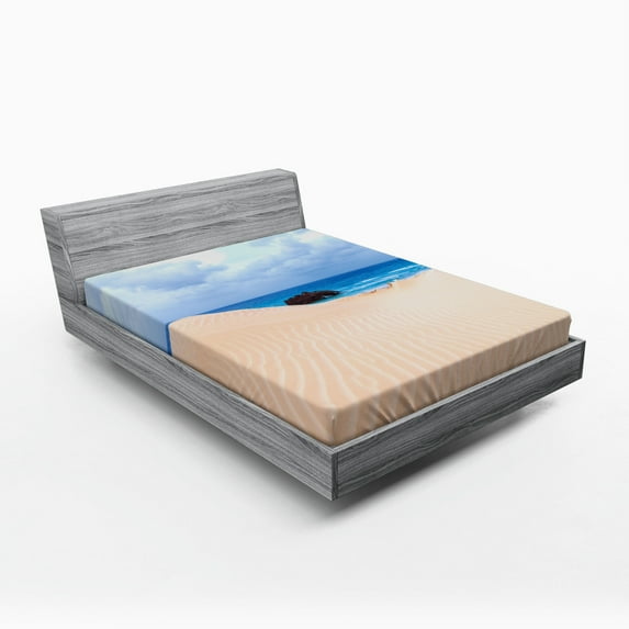 Shipwreck Fitted Sheet, Boat Crash by Exotic Tropical Beach in Shore Dream Atlantic Ocean Photo, Soft Decorative Fabric Bedding, Full Size, Blue Cream, by Ambesonne