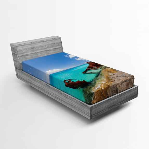 Shipwreck Fitted Sheet, Ship Wreckage on a Peaceful Rock Shore Natural Wonder Under Idyllic Sky Image, Soft Decorative Fabric Bedding, Twin Size, Multicolor, by Ambesonne