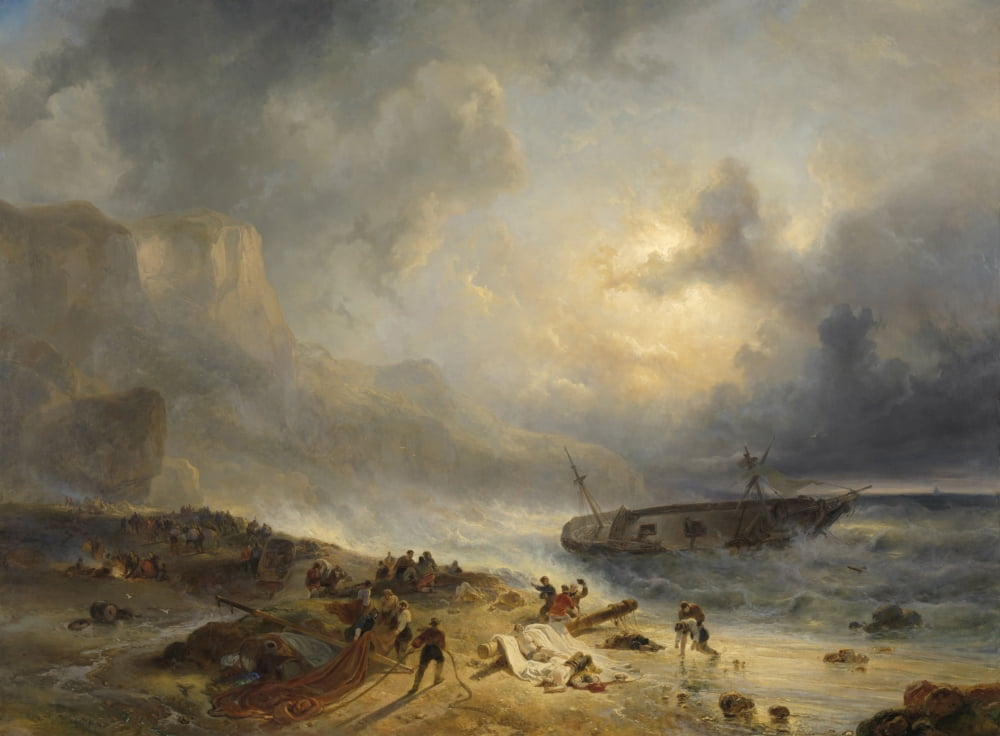 Shipwreck Off A Rocky Coast Canvas Art - (24 x 18)