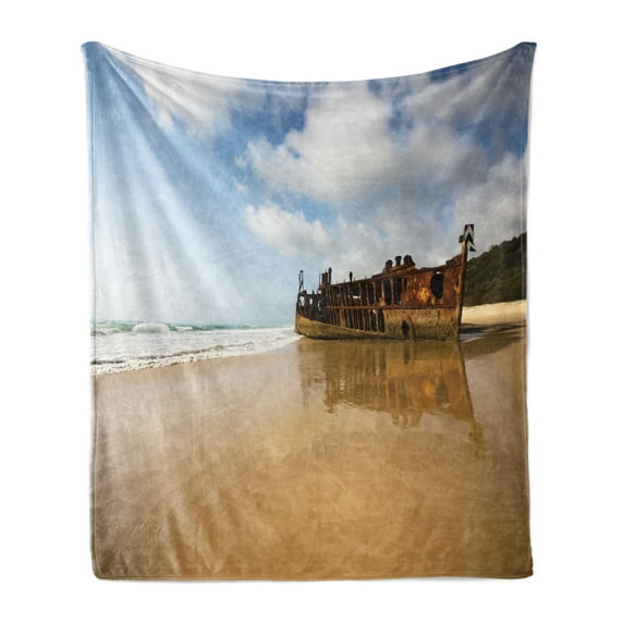 Shipwreck Soft Flannel Fleece Blanket, Antique Rusty Pirate Ship Wreck on the Coast in Caribbean Island Pacific Sea View, Cozy Plush for Indoor and Outdoor Use, 70" x 90", Multicolor, by Ambesonne