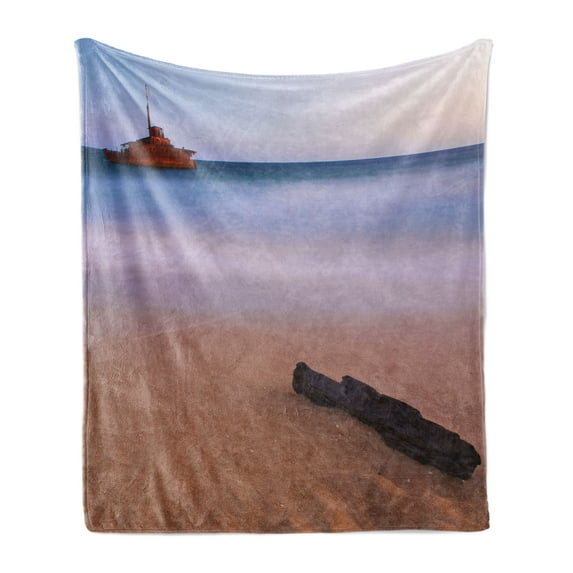 Shipwreck Soft Flannel Fleece Blanket, Shipwreck on Beach at Dusk in South Australian Lands by Sea Shore Navy Nautical, Cozy Plush for Indoor and Outdoor Use, 70" x 90", Multicolor, by Ambesonne