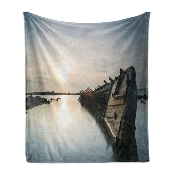 Shipwreck Soft Flannel Fleece Throw Blanket, Big Sinking Rustic Boat Crash in the Lake Landscape with Horizon on Back, Cozy Plush for Indoor and Outdoor Use, 70" x 90", Pale Blue Brown, by Ambesonne