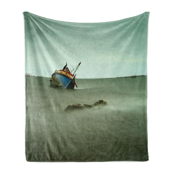 Shipwreck Soft Flannel Fleece Throw Blanket, Old Photo of Decadent Derelict Fishing Boat Bow in Thailand Summer Day Sunrise, Cozy Plush for Indoor and Outdoor Use, 60" x 80", Grey Blue, by Ambesonne